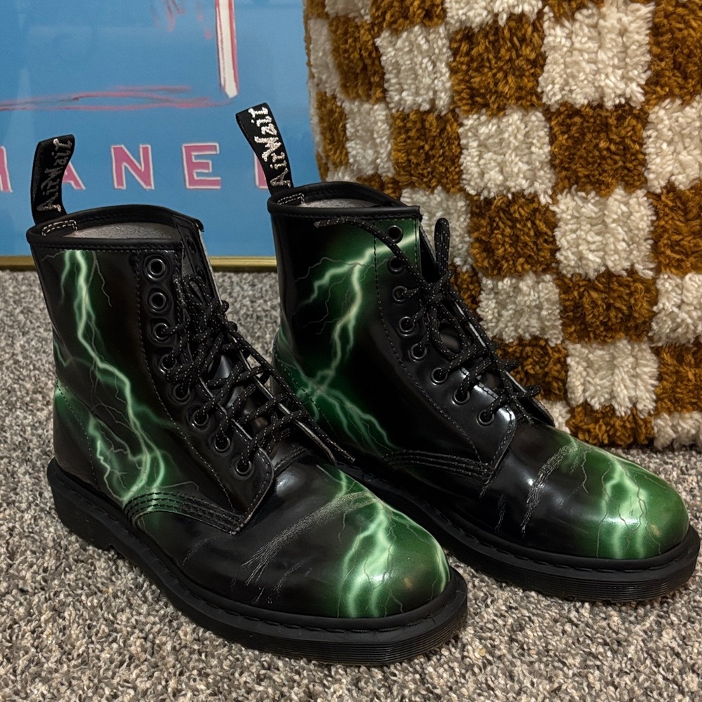 Dr. Martens Black & Green Lightning Print 8-Eye Leather Boots